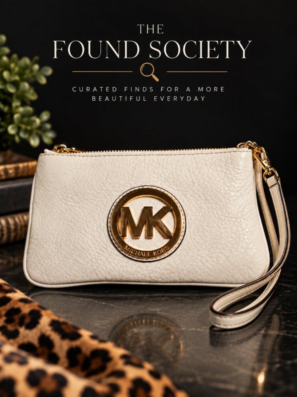 Michael Kors Fulton Vanilla Leather Wristlet Gold MK Logo $98